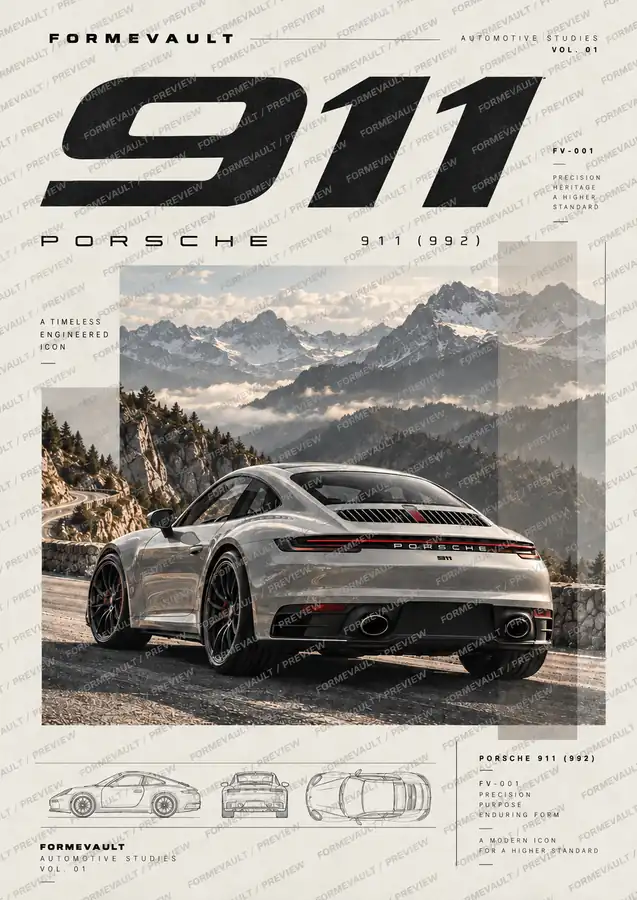 Póster FV-001, edición Light sobre fondo claro: Porsche 911 plateado en una carretera de montaña, tipografía 911 y marca de agua FORMEVAULT / PREVIEW