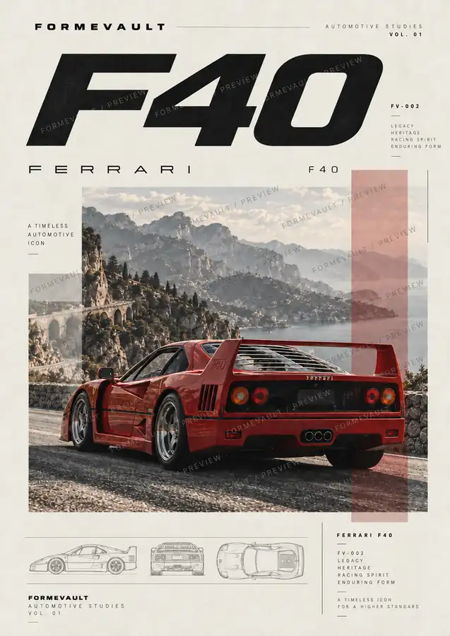 Ferrari F40 rojo en una carretera de montaña, póster FV-002 edición clara, con marca de agua FORMEVAULT / PREVIEW