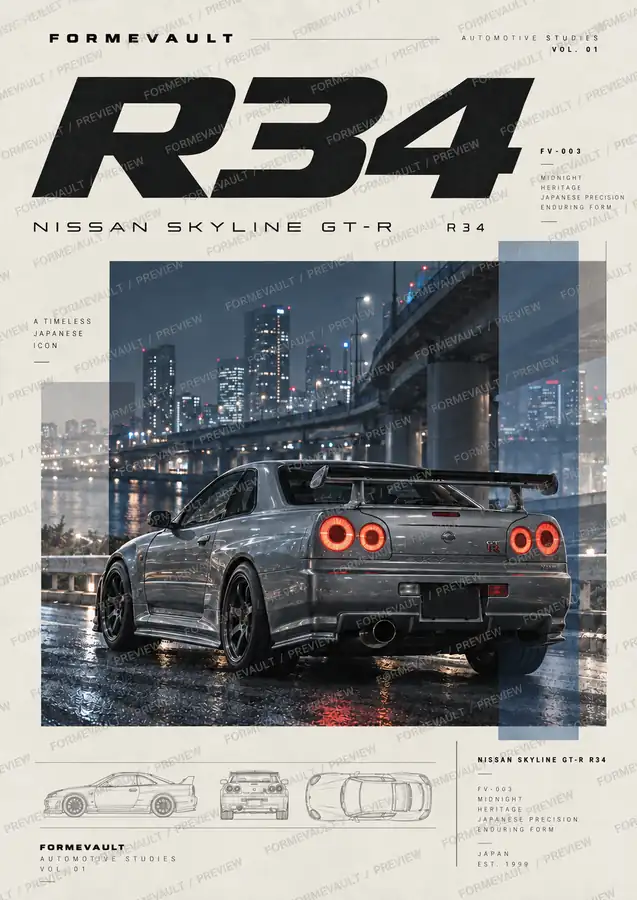 Nissan Skyline GT-R R34 gris en una ciudad nocturna, póster FV-003 edición clara con acentos azules y marca de agua FORMEVAULT / PREVIEW