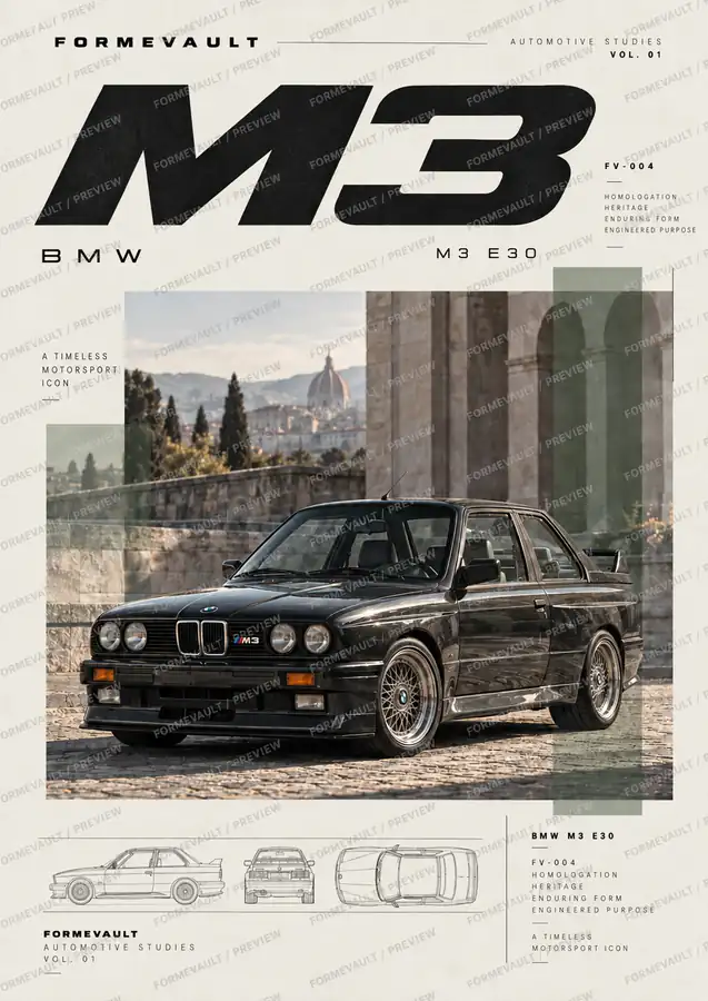 BMW M3 E30 gris en un entorno arquitectónico, póster FV-004 con acentos verdes, edición Light, con marca de agua FORMEVAULT / PREVIEW
