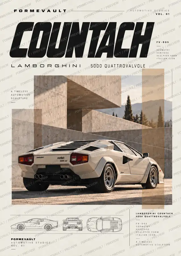 Lamborghini Countach en un entorno arquitectónico, póster FV-005 con acentos dorados, edición Light, con marca de agua FORMEVAULT / PREVIEW