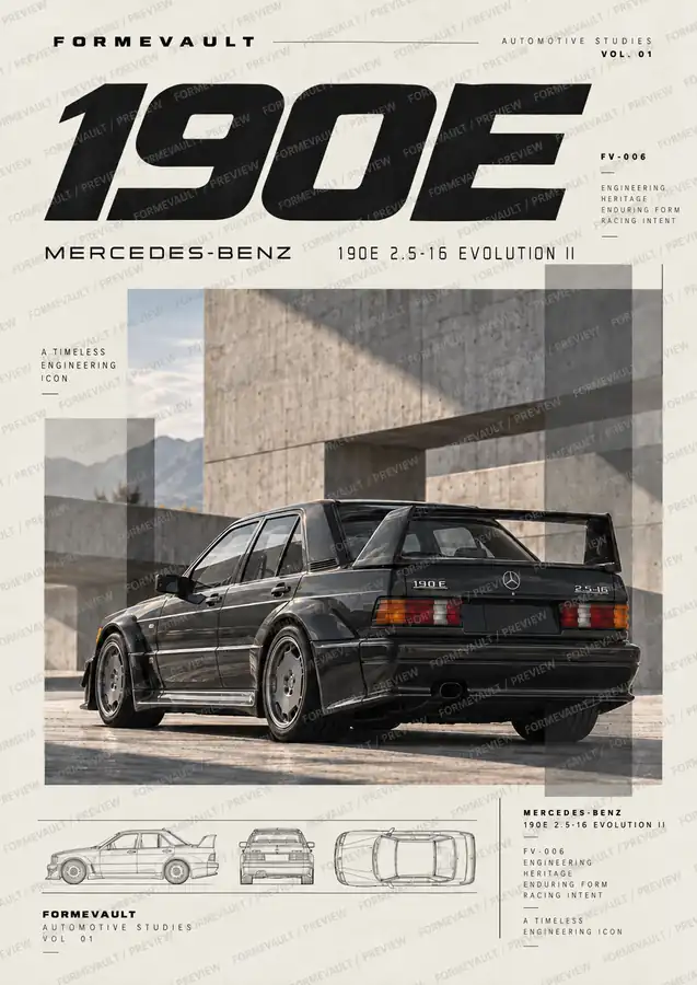 Mercedes-Benz 190E 2.5-16 Evolution II, póster FV-006 con acentos grises, edición Light, con marca de agua FORMEVAULT / PREVIEW